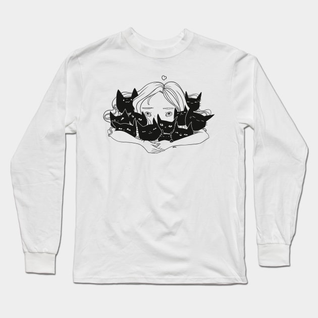 Anime Girl Hugging Many Black Cats Long Sleeve T-Shirt by cellsdividing